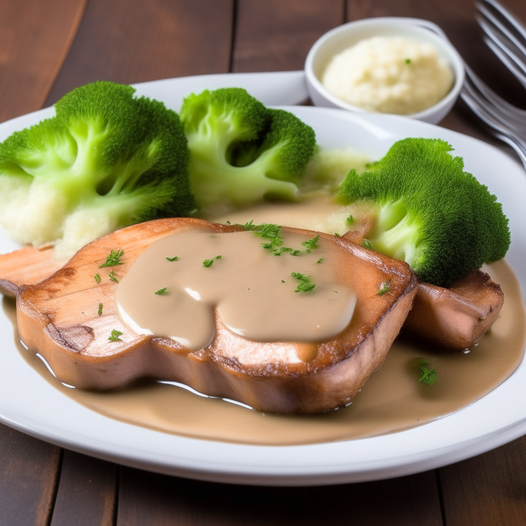 A close up photo of a white plate with juicy pork chops, mashed potatoes, broccoli and gravy on a rustic wooden table