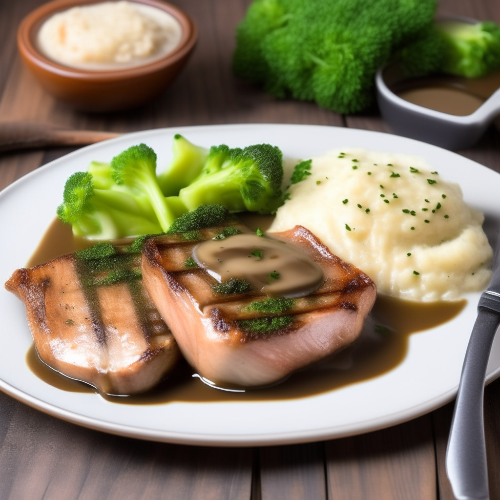 A close up photo of a white plate with juicy pork chops, mashed potatoes, broccoli and gravy on a rustic wooden table