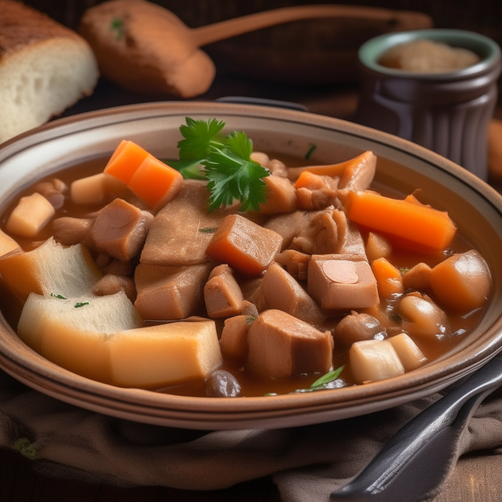 A close up photo of a rustic earthenware plate with pork stew, carrots, potatoes, celery, bread and a spoon