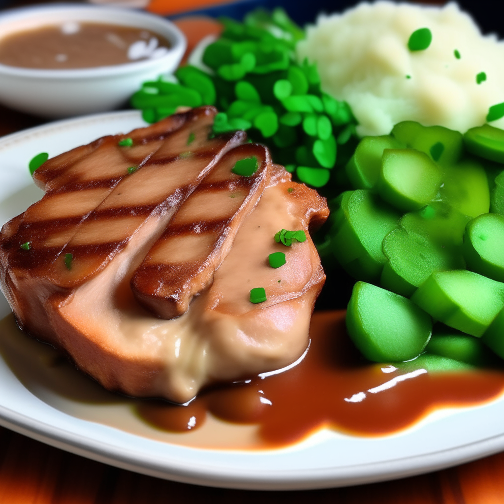 A close up photo of a elegant plate with juicy pork chops, mashed potatoes, peas and gravy