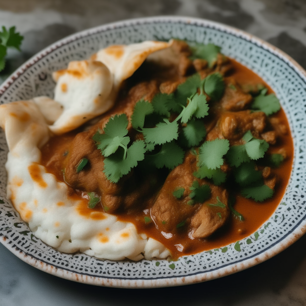 A close up photo of a ceramic plate with lamb curry, basmati rice, naan bread and cilantro