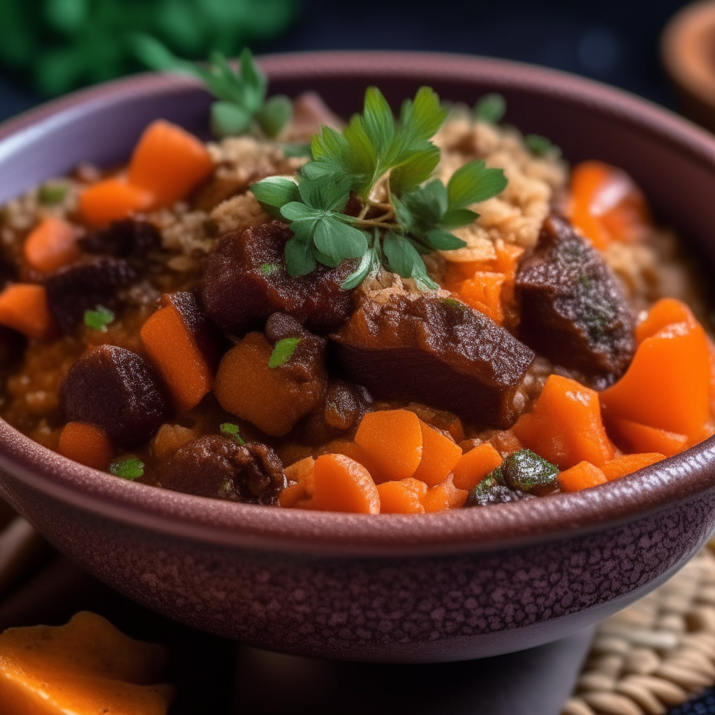 A close up photo of an earthenware bowl with Moroccan lamb stew, apricots, prunes, carrots, and couscous