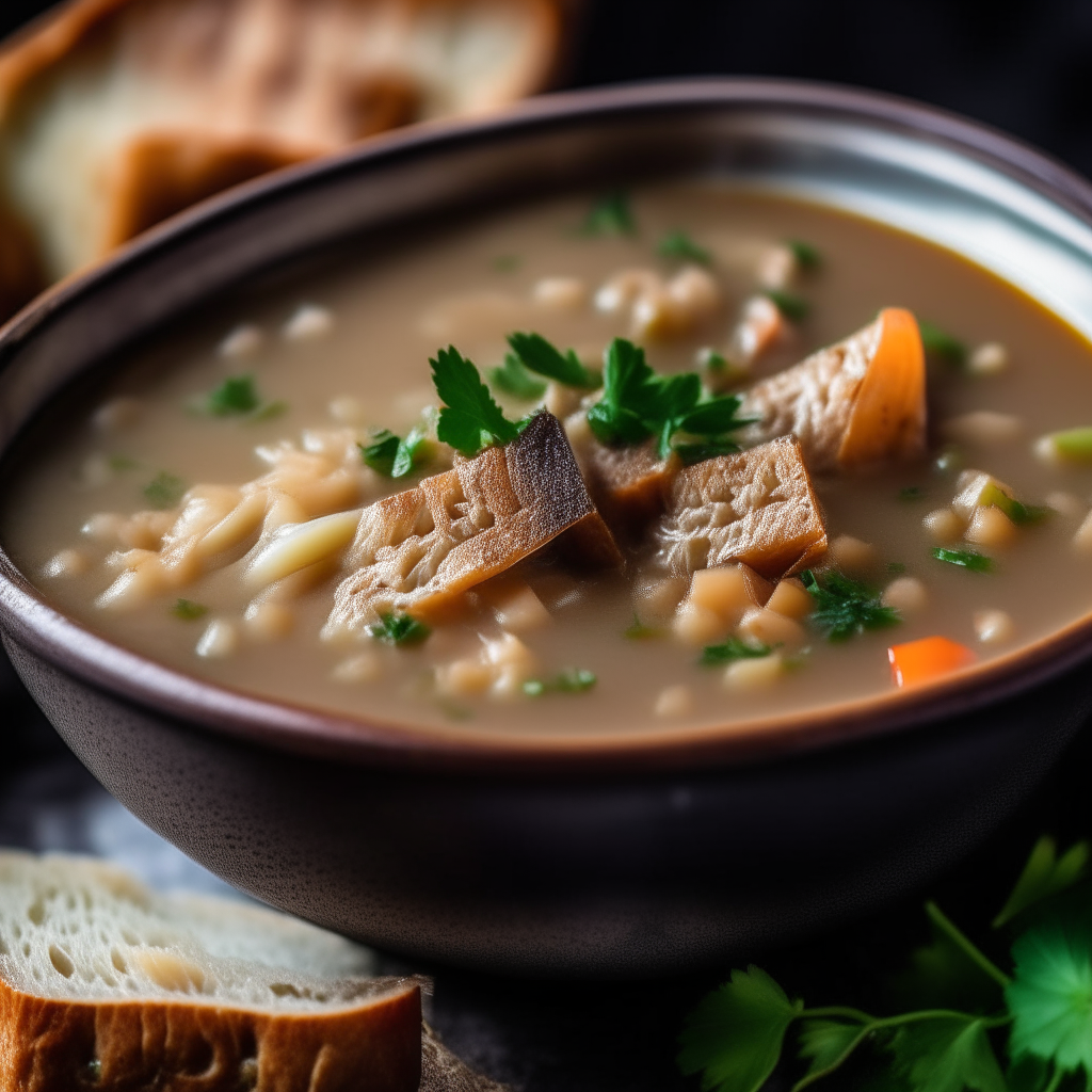 A close up photo of a steaming bowl of lamb and barley soup with bread