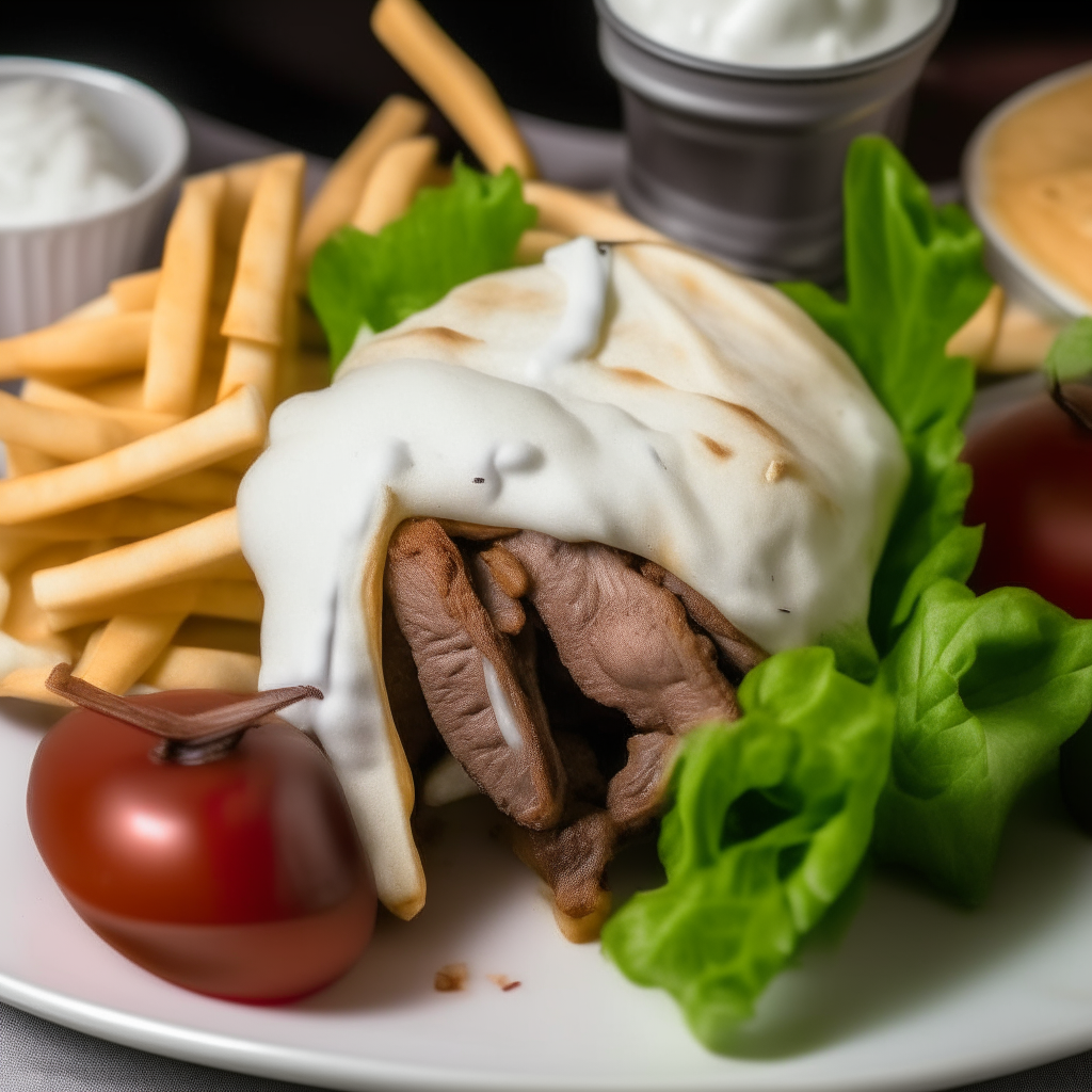 A close up photo of a plate with lamb gyro, lettuce, tomato, onion, tzatziki sauce, fries and pita bread