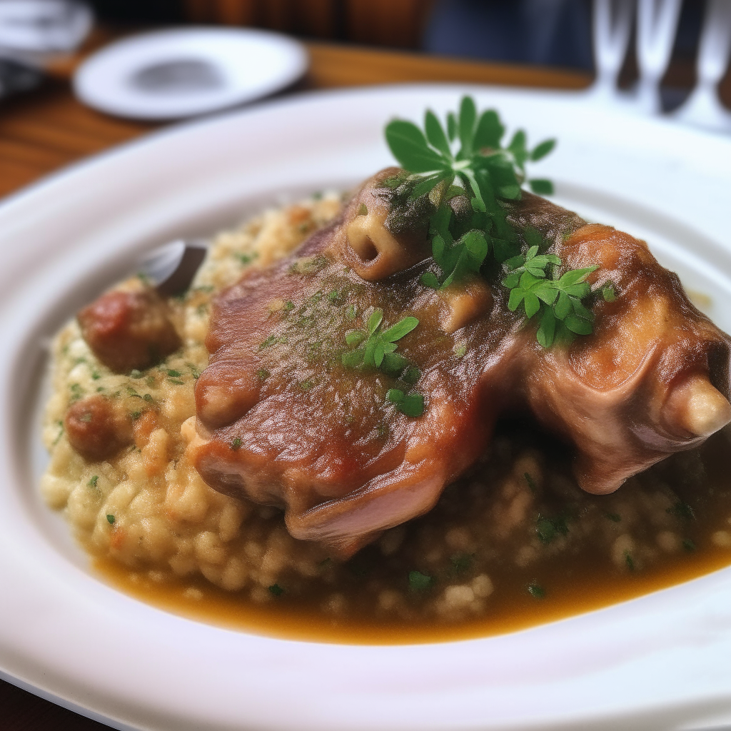 A close up photo of a white plate with lamb shank osso buco, risotto, gremolata