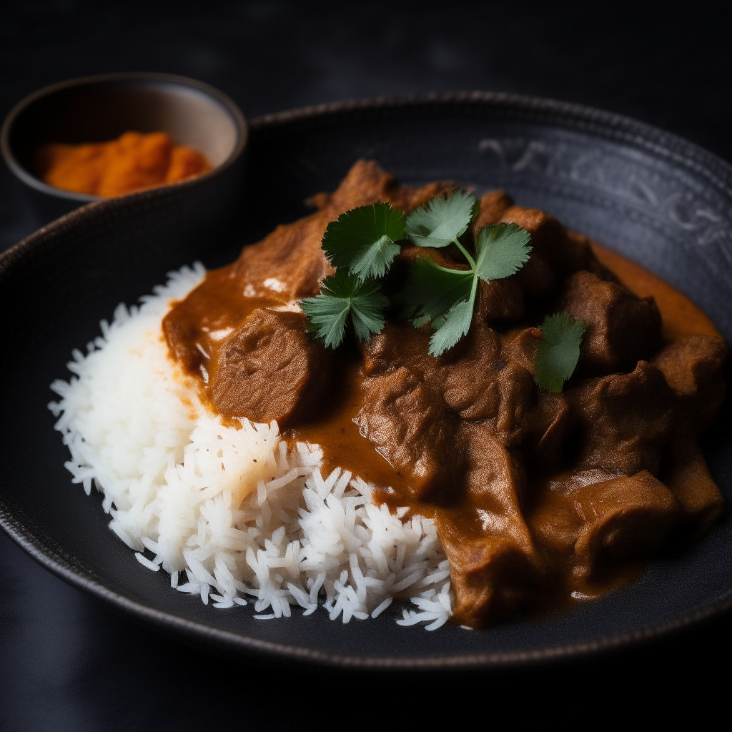 A close up photo of a dark ceramic plate with lamb rogan josh, basmati rice, naan bread and coriander