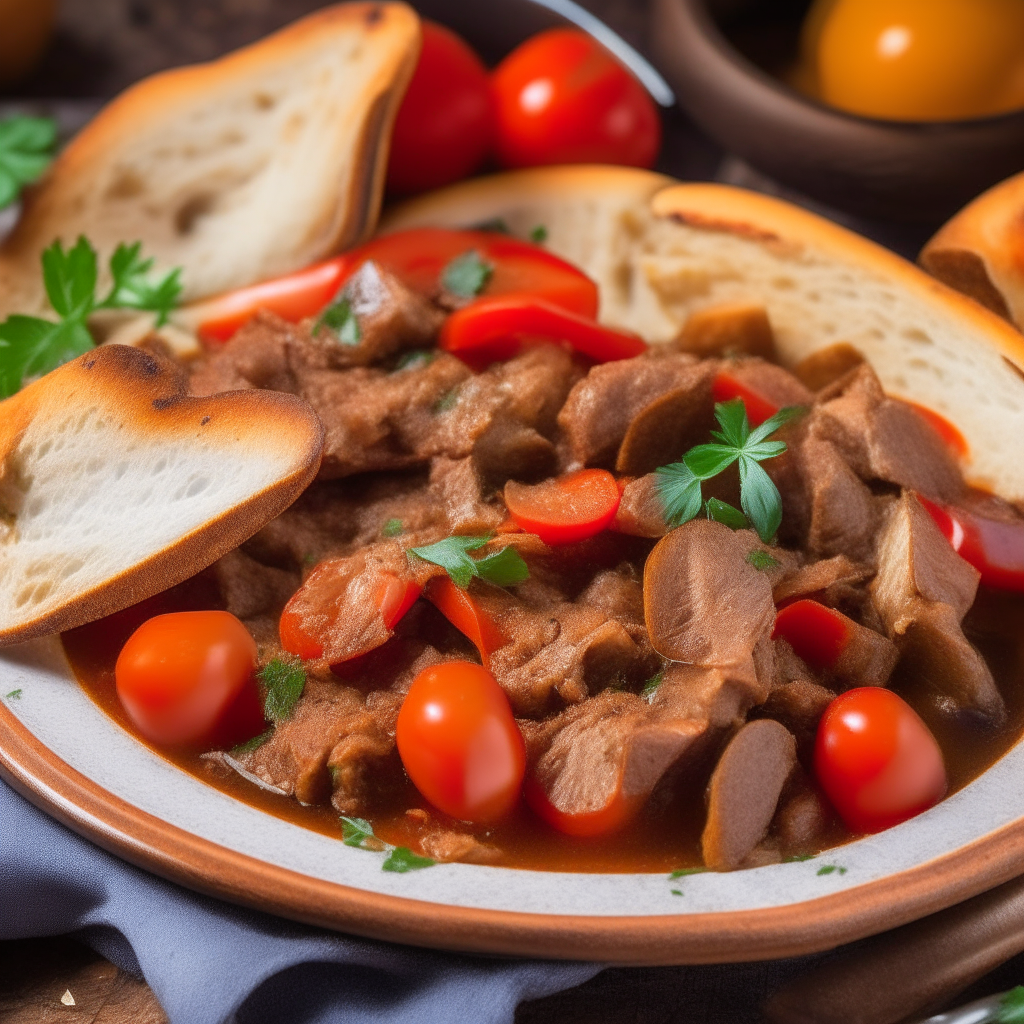 A close up photo of a rustic plate with Mediterranean lamb stew, tomatoes, peppers, bread