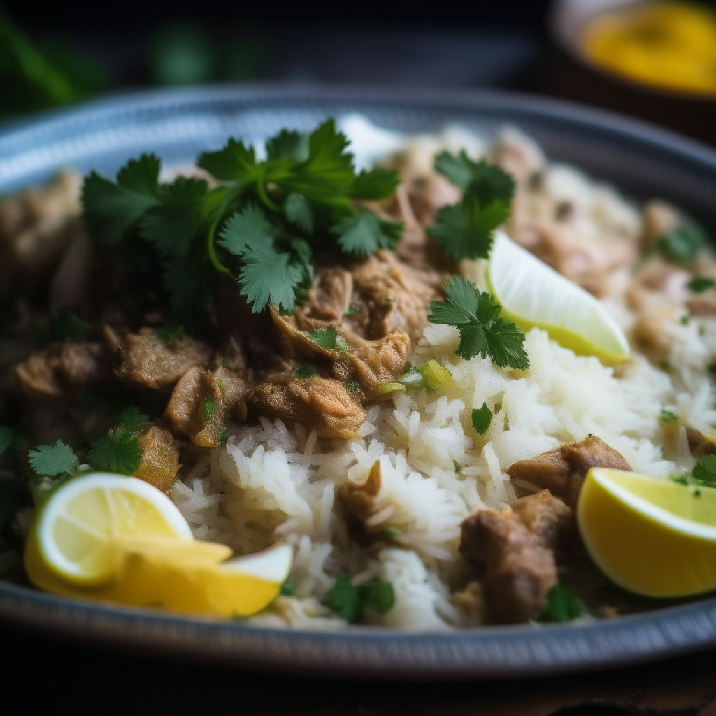 A close up photo of a traditional plate with lamb biryani, raita, coriander and lemon