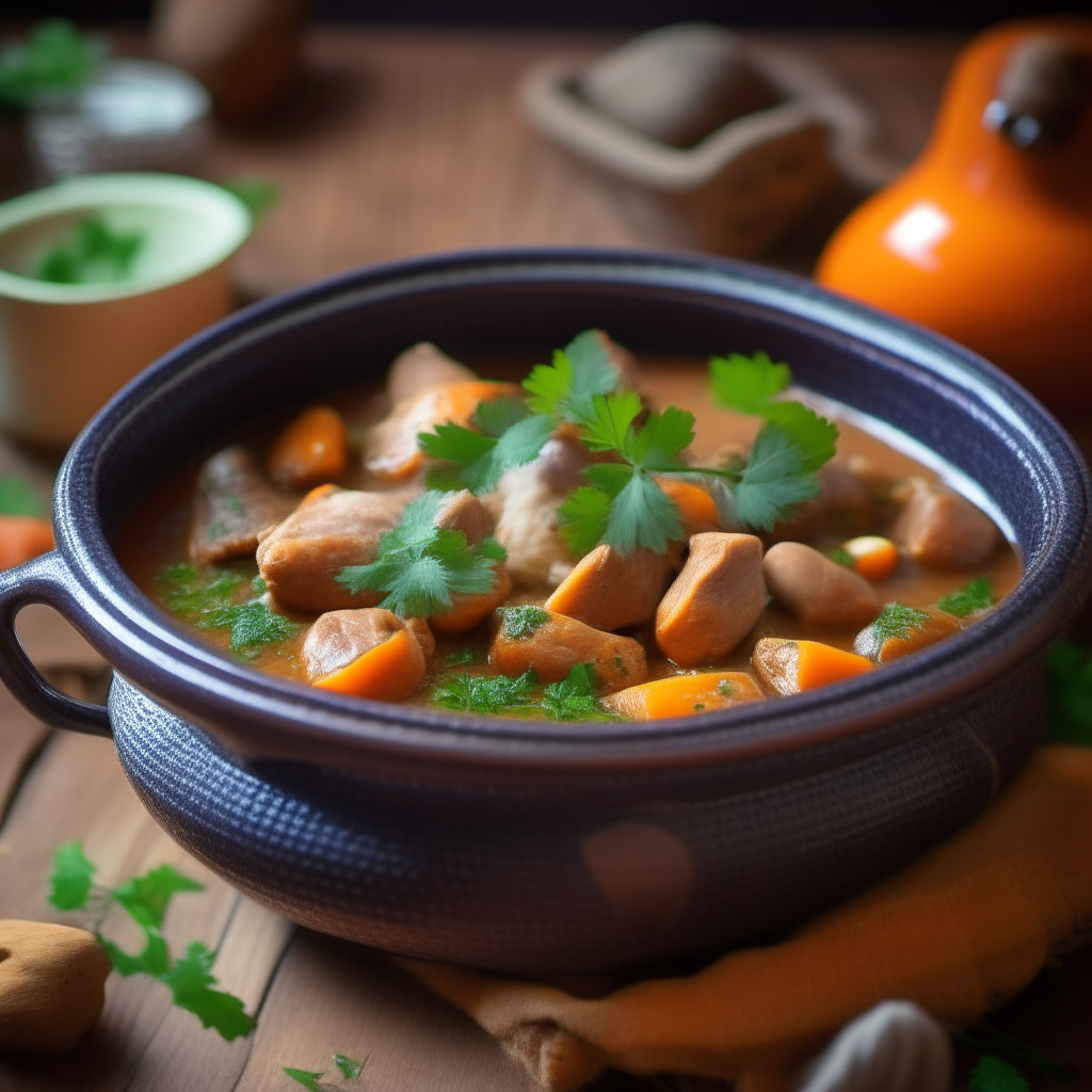 A close up photo of a tagine pot with lamb stew, apricots, almonds, parsley, on a wooden table