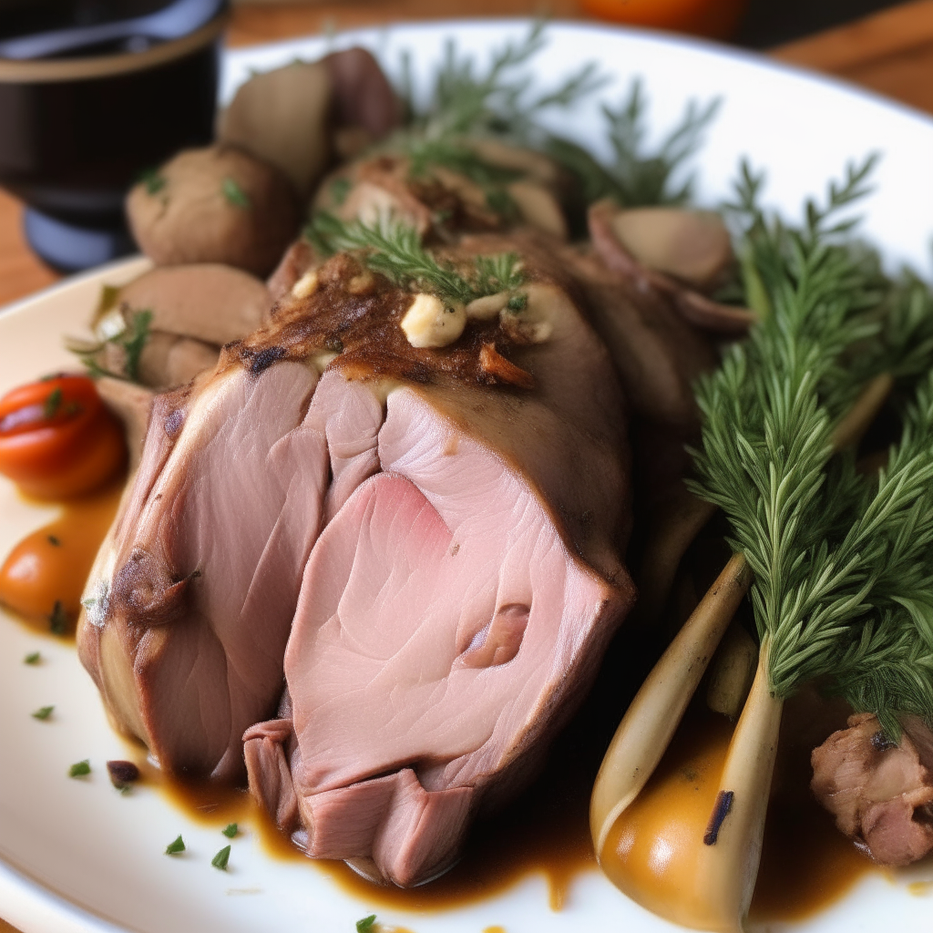 A close up photo of a platter with sliced leg of lamb, rosemary, garlic, vegetables, gravy