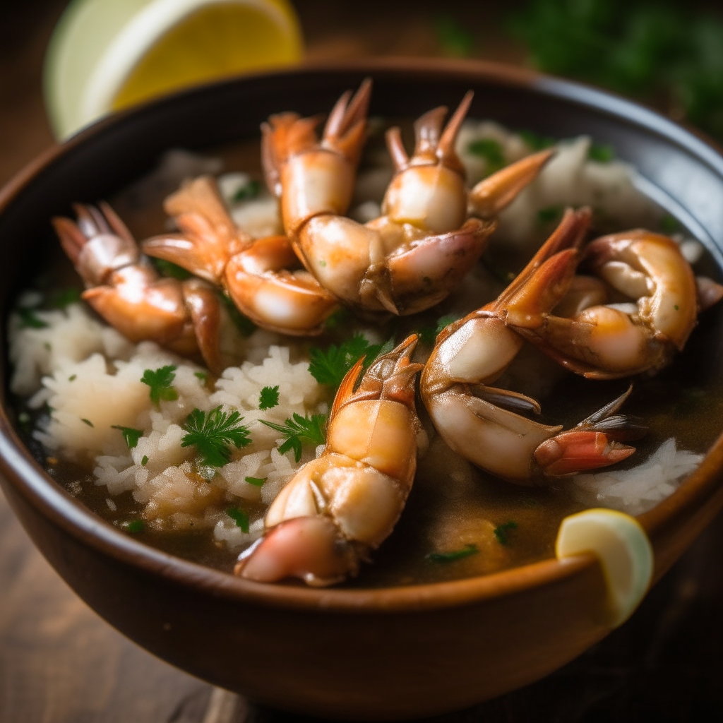 A close up photo of a rustic bowl with seafood gumbo, shrimp, crab, rice, lemon