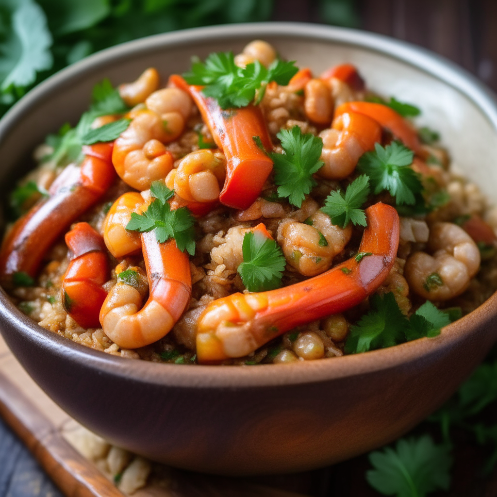 A close up photo of a rustic bowl with shrimp jambalaya, sausage, rice, peppers, parsley