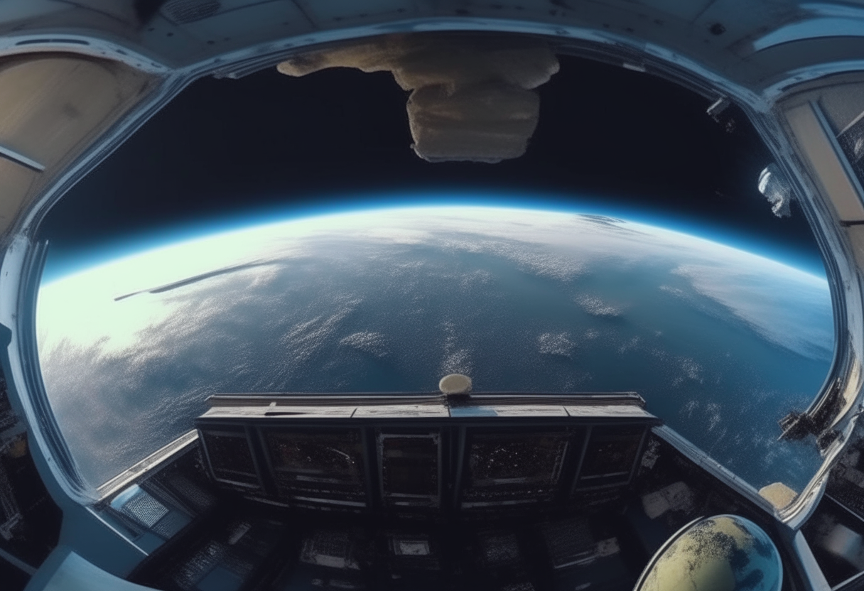 Una vista panorámica alienígena y psicodélica desde la cabina de una nave espacial