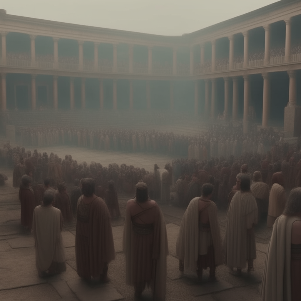 ancient roman theatre crowded with ancient roman people dressedup in ancient tunics and toga covered with velaria, 2k, high details, cinematic, little foggy