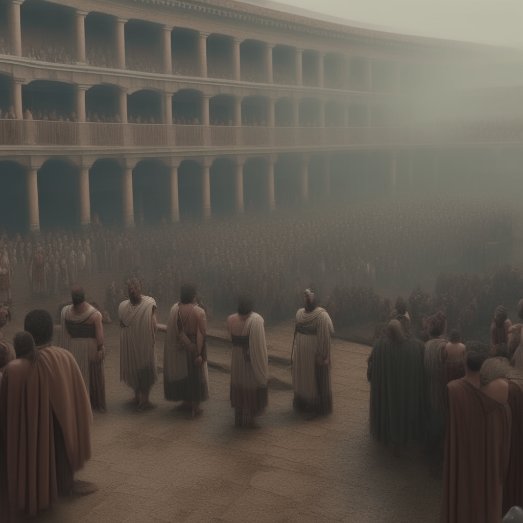 ancient roman theatre crowded with ancient roman people dressedup in ancient tunics and toga covered with velaria, 2k, high details, cinematic, little foggy