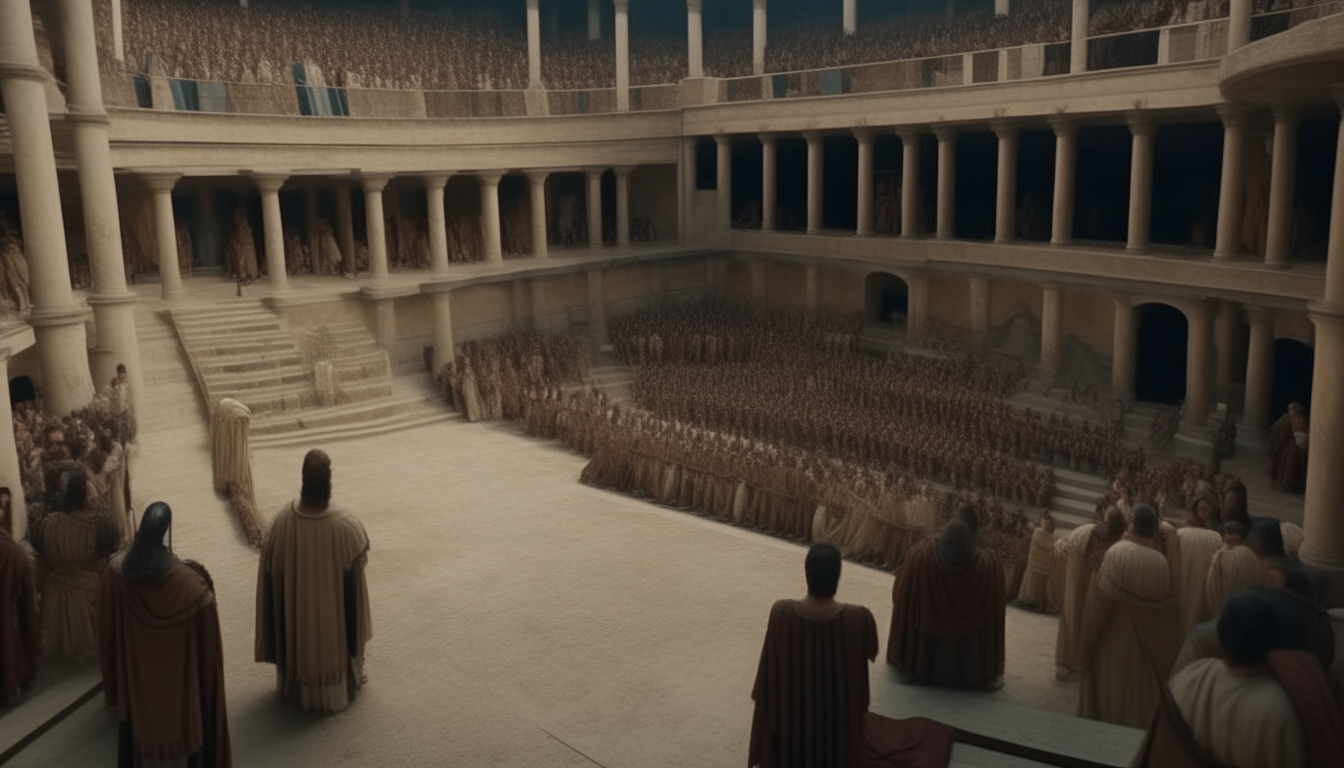 inside an ancient roman theatre crowded with ancient roman people dressedup in ancient tunics and toga covered with velaria, 2k, high details, cinematic