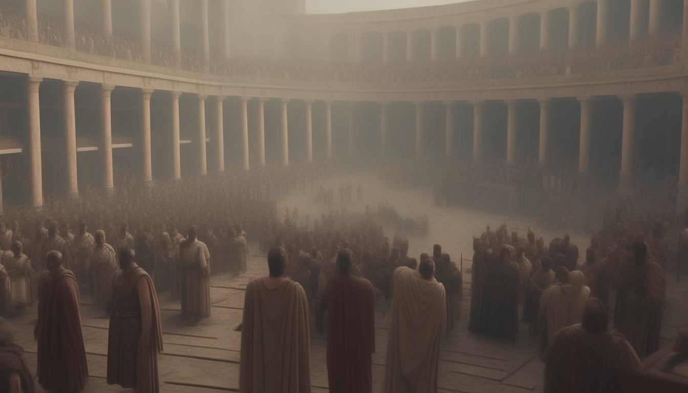 ancient theatre of ancient Rome crowded with ancient roman people dressedup in ancient tunics and toga covered with velaria, 2k, high details, cinematic, little foggy