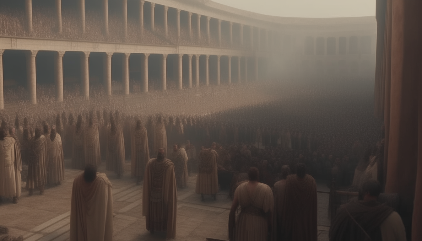 ancient theatre of ancient Rome crowded with ancient roman people dressedup in ancient tunics and toga covered with velaria, 2k, high details, cinematic, little foggy