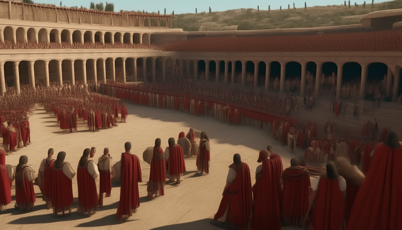 virtual reconstruction of ancient roman theatre crowded with people dressed up in coloured ancient tunics and toga, theatre covered with red tents velaria, 2k, high details, cinematic