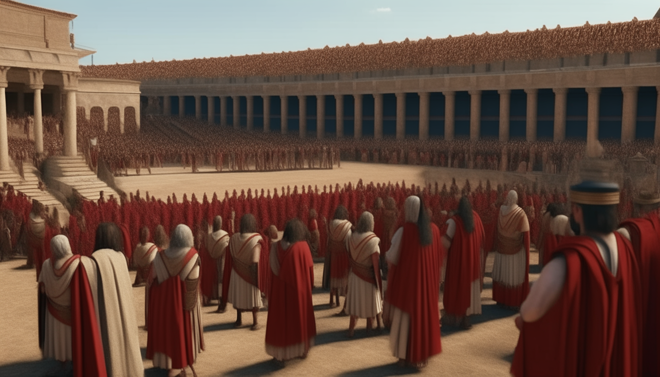 virtual reconstruction of ancient roman theatre crowded with people dressed up in coloured ancient tunics and toga, theatre covered with red tents velaria, 2k, high details, cinematic