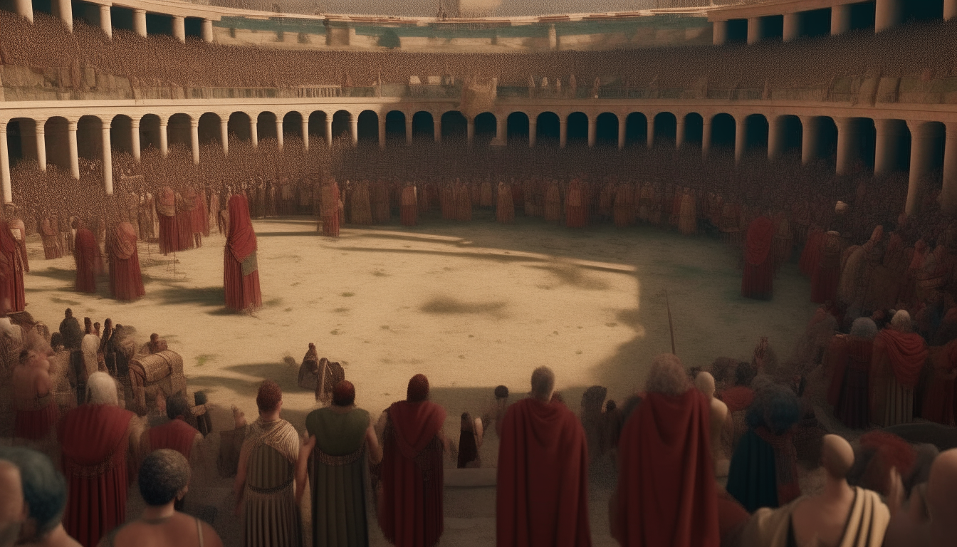 ancient roman circular theatre crowded with people dressed up in coloured ancient tunics and toga, theatre covered with red tents velaria, 2k, high details, cinematic