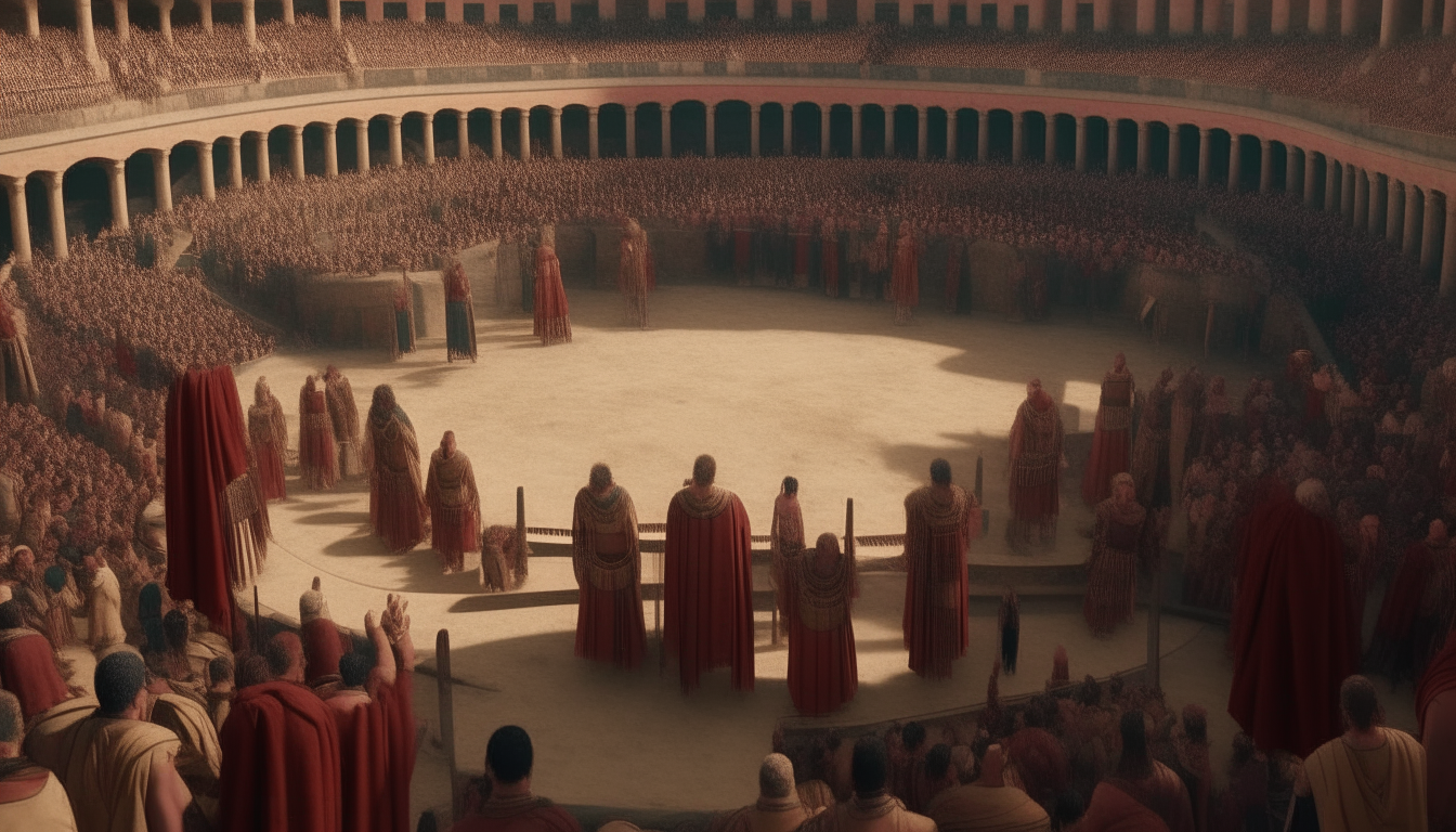 ancient roman circular theatre crowded with people dressed up in coloured ancient tunics and toga, theatre covered with red tents velaria, 2k, high details, cinematic