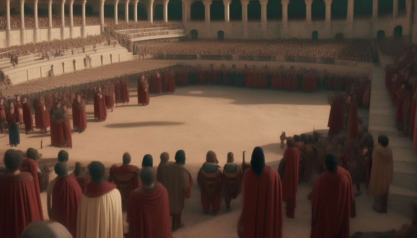 ancient roman theatre crowded with people dressed up in coloured ancient tunics and toga, theatre covered with red tents velaria, 2k, high details, cinematic