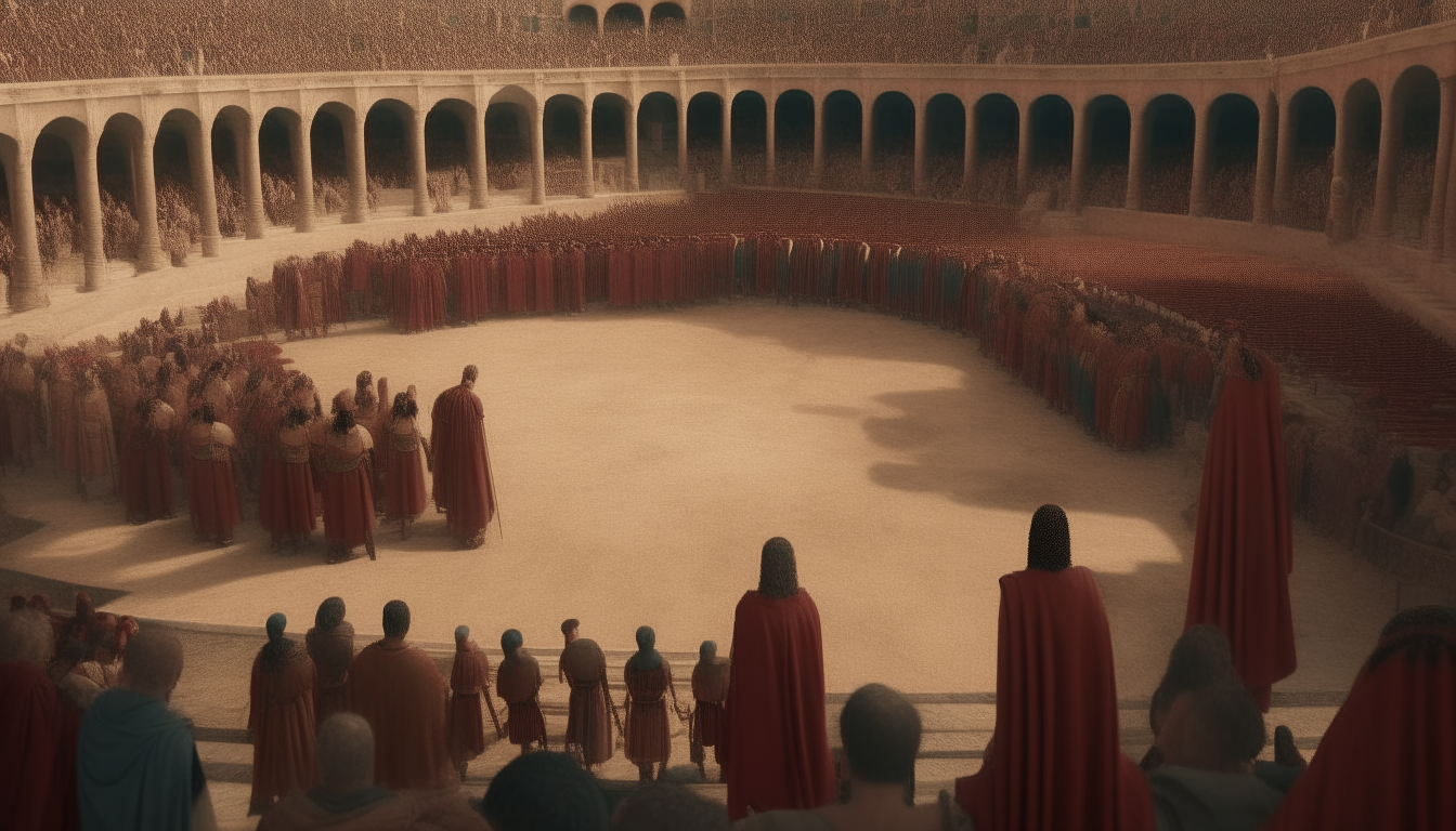 ancient roman theatre crowded with people dressed up in coloured ancient tunics and toga, theatre covered with red tents velaria, 2k, high details, cinematic