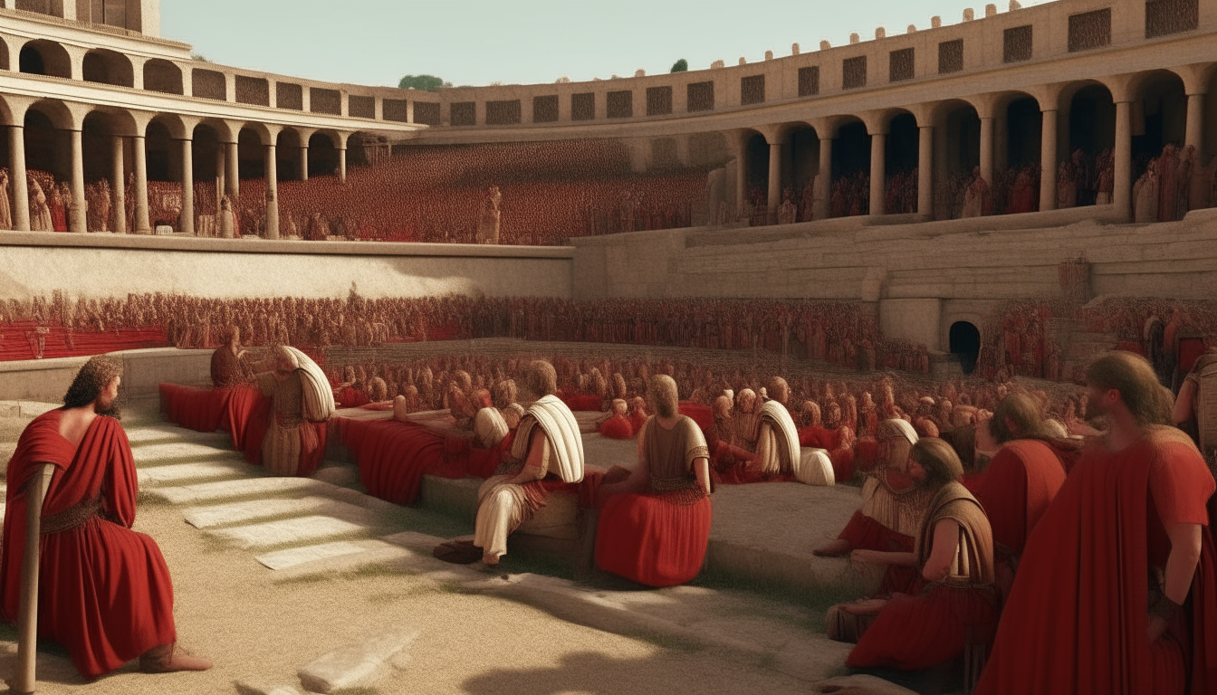 virtual reconstruction of ancient stone roman theatre crowded with people seated dressed up in coloured ancient tunics and toga, theatre covered with red tents velaria, 2k, high details, cinematic