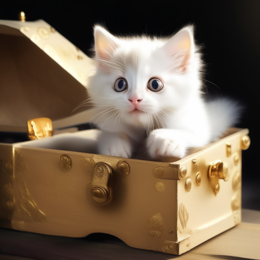 A fluffy white kitten peeking out of a treasure chest filled with gold coins