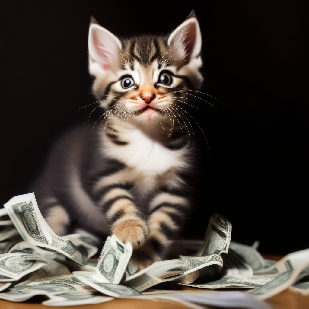 A playful kitten batting around a pile of cash