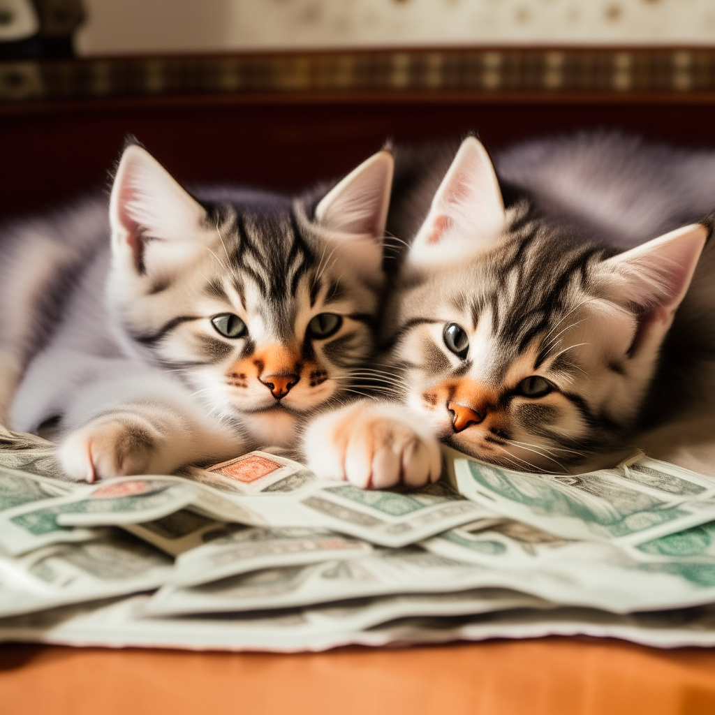 Two kittens napping on a bed of dollar bills