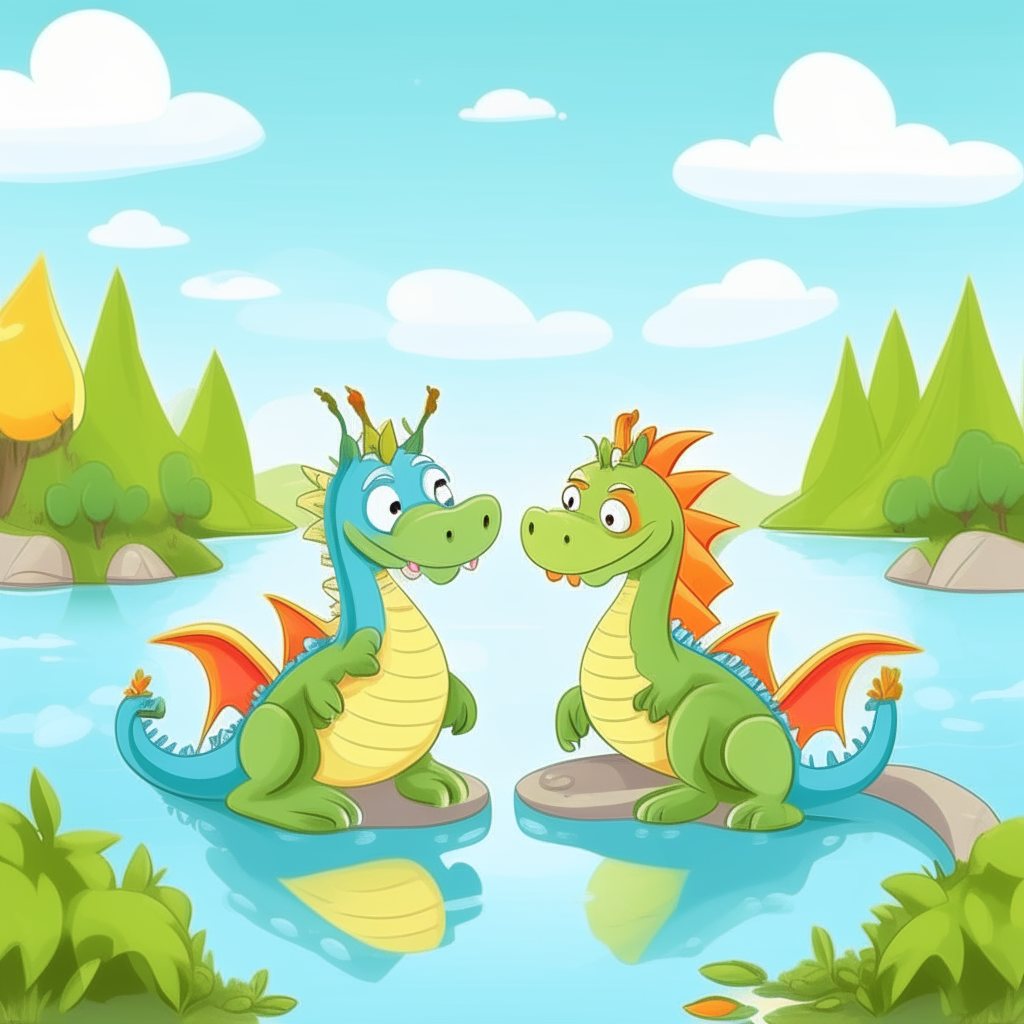 Two cute cartoon dragons hugging each other beside a lake