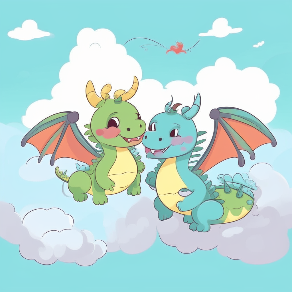 Two cute cartoon dragons hugging while flying through clouds