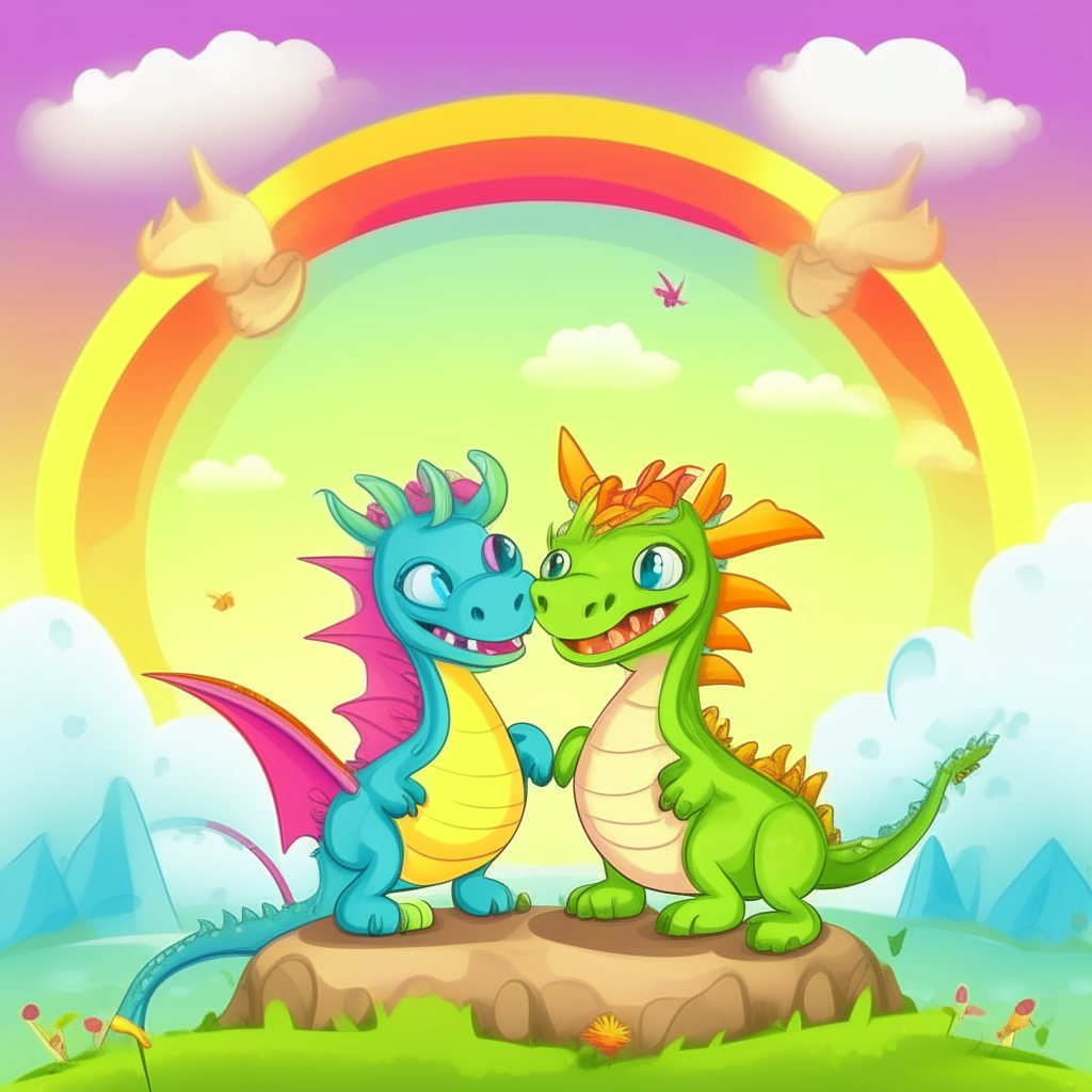 Two cute cartoon dragons hugging under a rainbow in a meadow