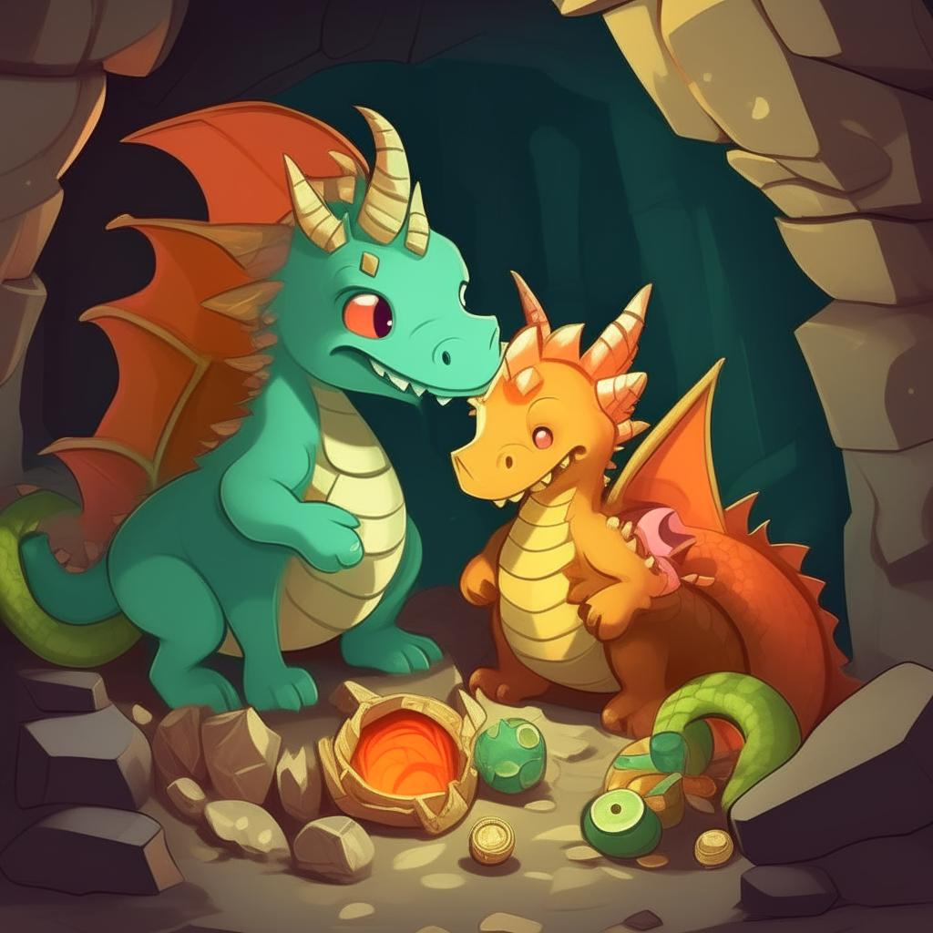 Two cute cartoon dragons hugging next to a pile of treasure in a cave