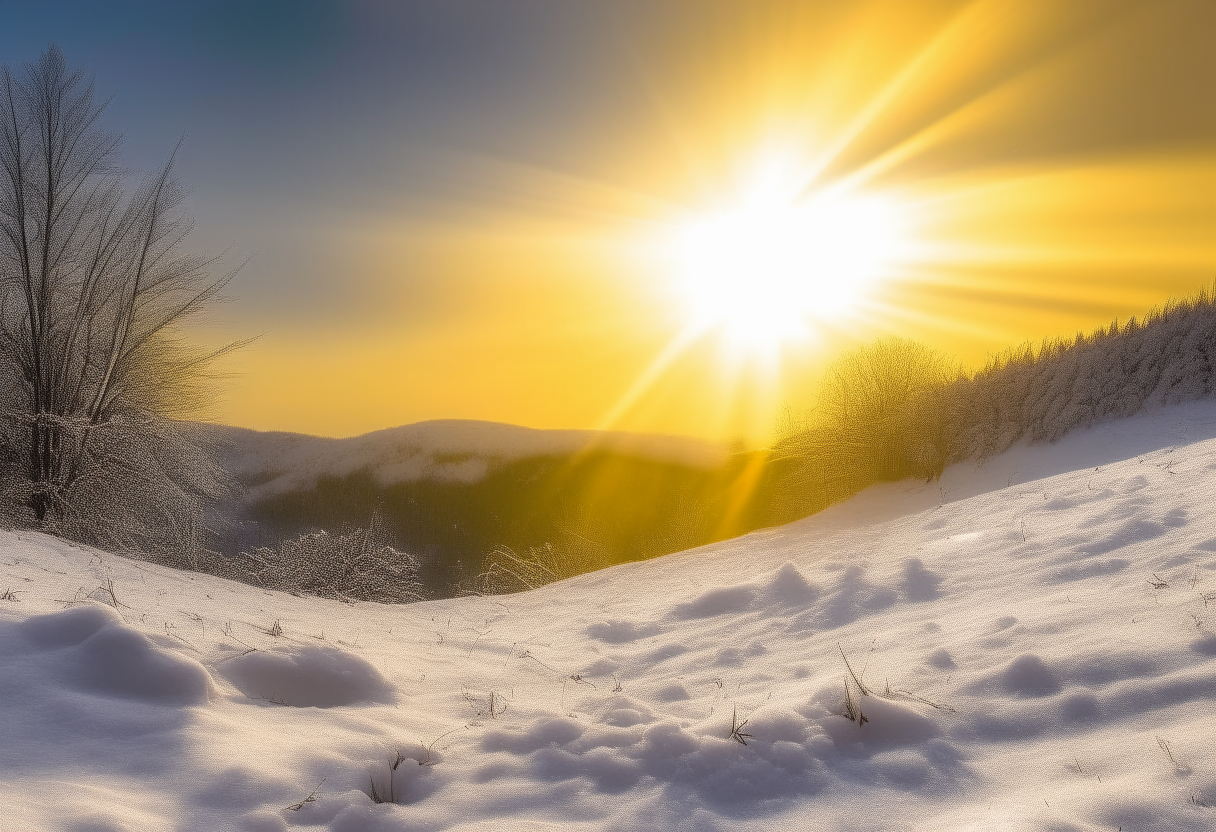 a bright yellow sun resting on a snow-covered hillside, with rays of light shining through falling snowflakes