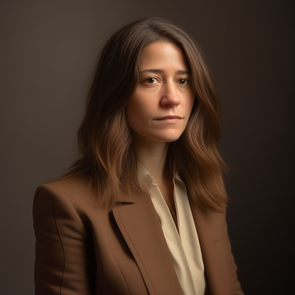 a woman with shoulder length hair and a brown blazer