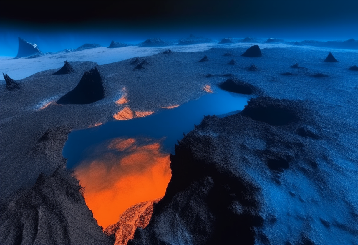 Vista desde una nave espacial de un planeta rocoso con mares de lava y montañas azules