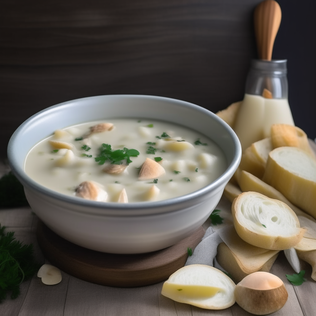 A steaming bowl of creamy clam chowder garnished with parsley, served with oyster crackers on the side. The soup is rich and creamy with chunks of clams, potatoes and celery in a white broth. It sits on a rustic wooden table with a spoon and linen napkin. The cozy kitchen backdrop has nautical accents.