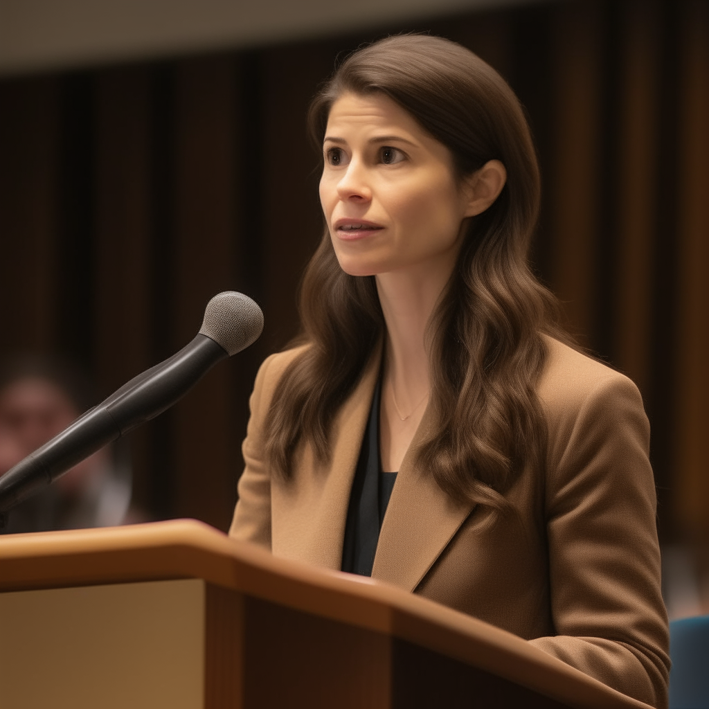 A woman with shoulder-length brown hair giving a presentation to a small group while standing at a podium. She is wearing a brown blazer and looking confidently at her audience. A close-up portrait of the woman from the first image speaking into a microphone at a lectern. She has shoulder-length brown hair and is wearing a brown blazer.