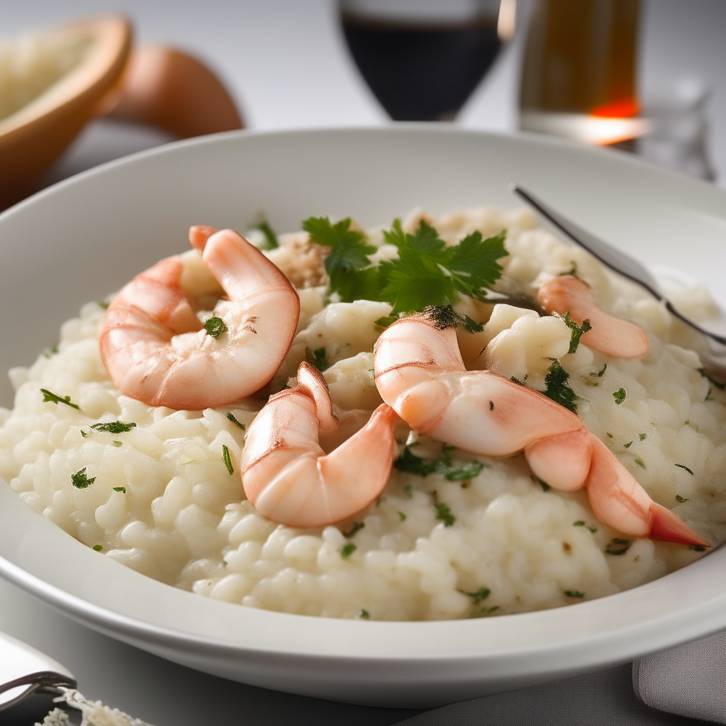 A shallow bowl showing creamy seafood risotto garnished with parsley and parmesan. It contains shrimp, scallops and lobster over al dente rice in a rich, white wine broth. The bowl sits on a refined table with a spoon and wine glass.