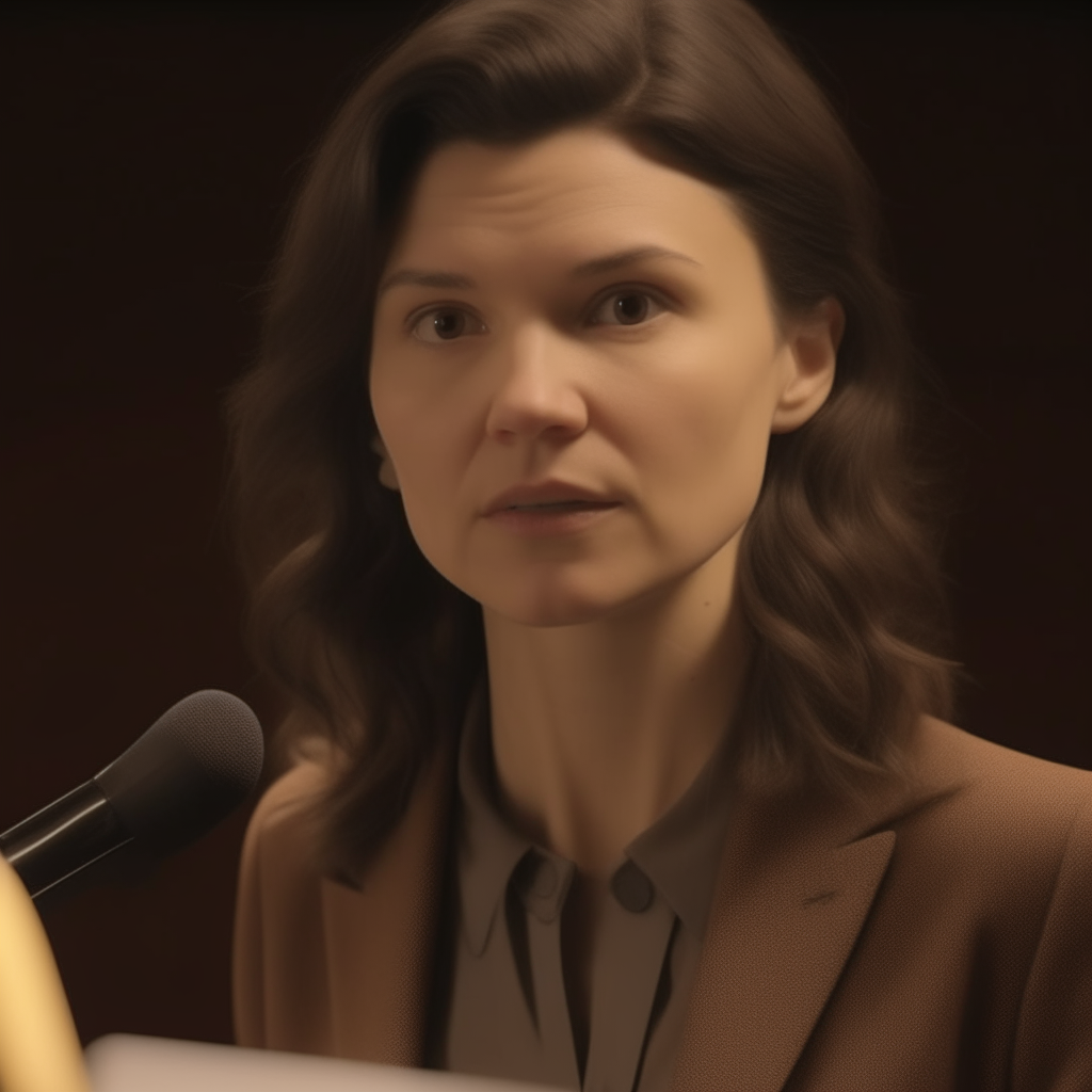 A close-up portrait of the woman from the first image, with her face composited onto the body and background from the fifth image. She has shoulder-length brown hair and is wearing a brown blazer, speaking into a microphone at a lectern.