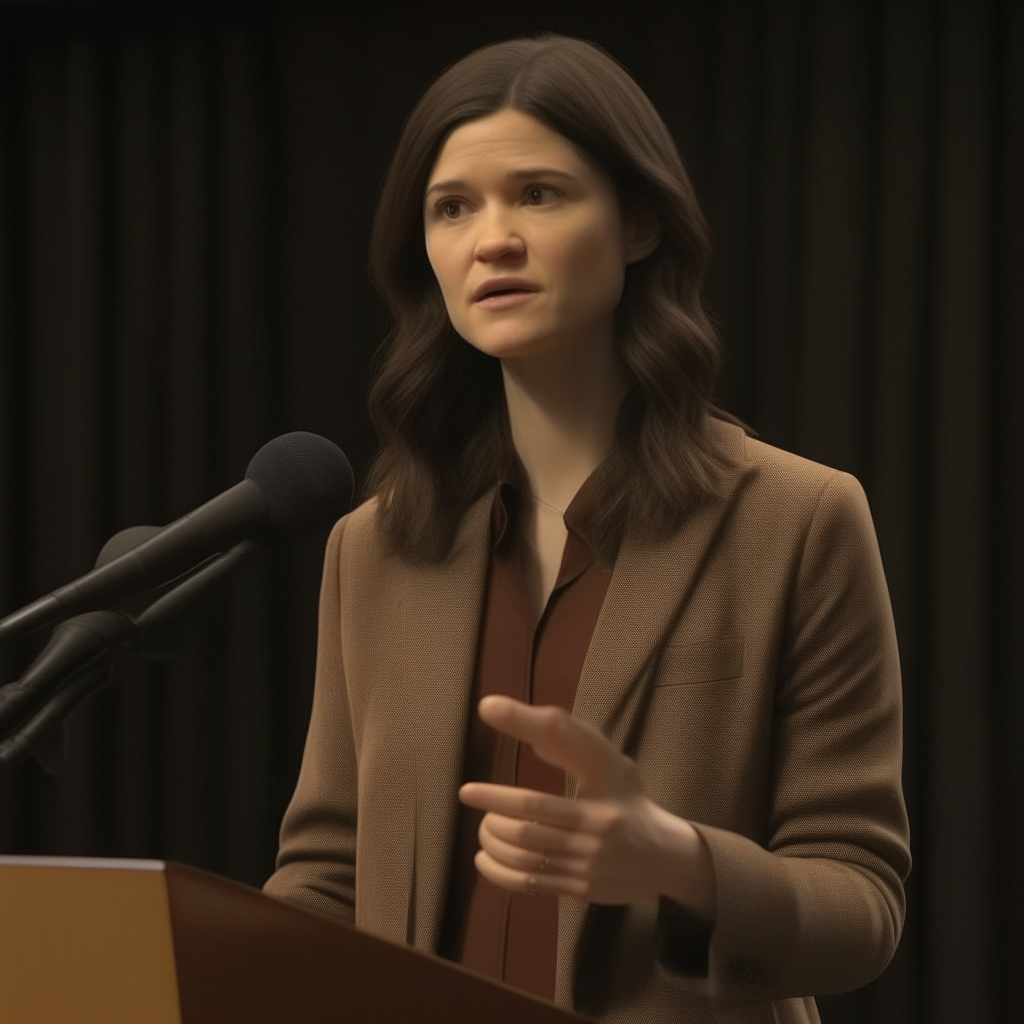 Another view of the woman from the first image, with her face composited onto the body and background from the fifth image. She has shoulder-length brown hair and is addressing the audience while standing at a podium wearing a brown blazer.