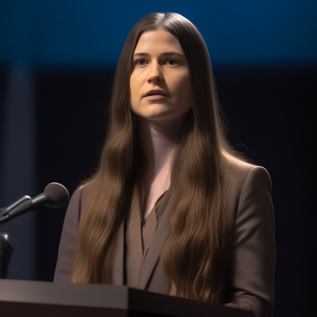 A close-up portrait of the woman from image 8, with her face composited onto the body and background from image 7. She has long hair and is wearing a suit, addressing an audience at a lectern.