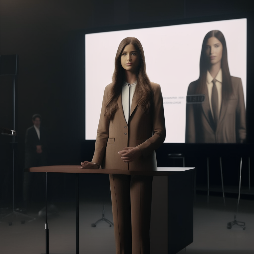 Another view of the woman from image 8, with her face composited onto the body and background from image 5. She has long hair and is standing at a podium wearing a suit, giving a presentation to a small group.