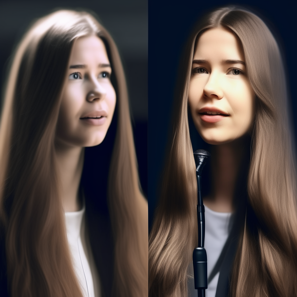 A close-up of the woman from your photo, with her face composited onto the body and background from image 5. She has long hair and is speaking into a microphone at a lectern, giving a presentation. Another view of the woman from your photo, with her face composited onto the body and background from image 9. She has long hair and is standing at a podium addressing an audience while wearing a suit.