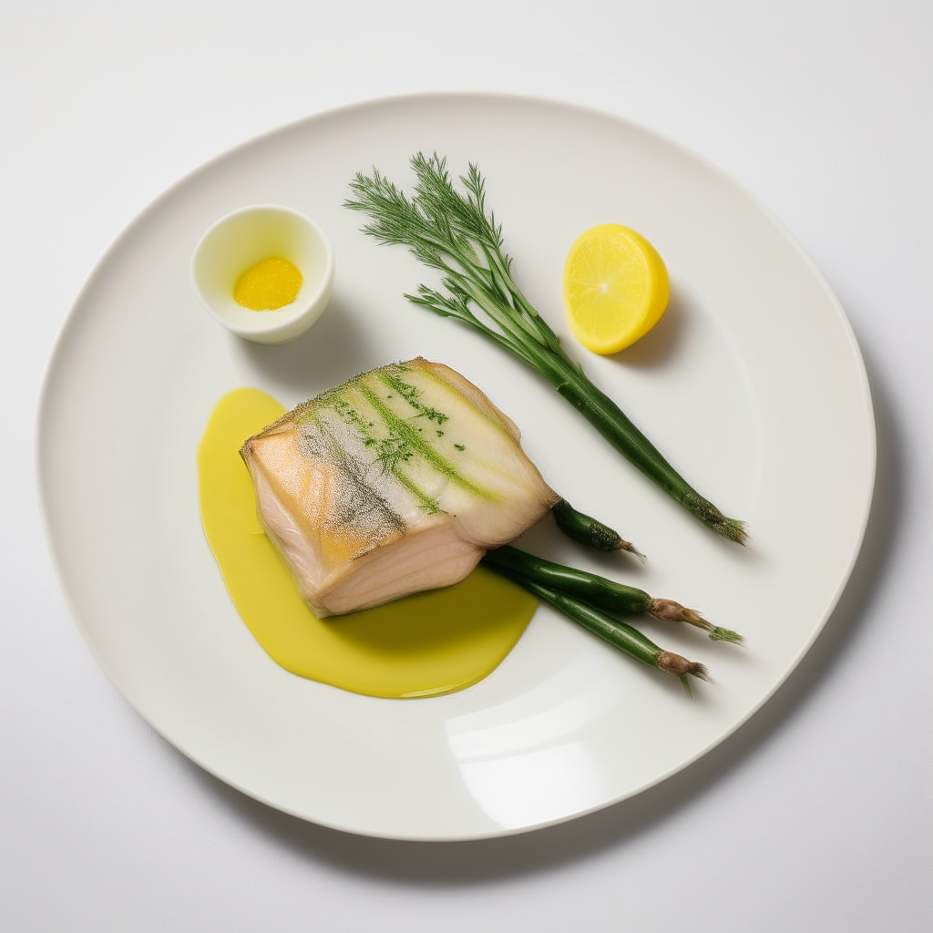 A pristine white plate with a seared fish filet drizzled in lemon butter sauce. It is served with steamed asparagus, lemon wedge, dill garnish and minimalist cutlery, evoking simple elegance.