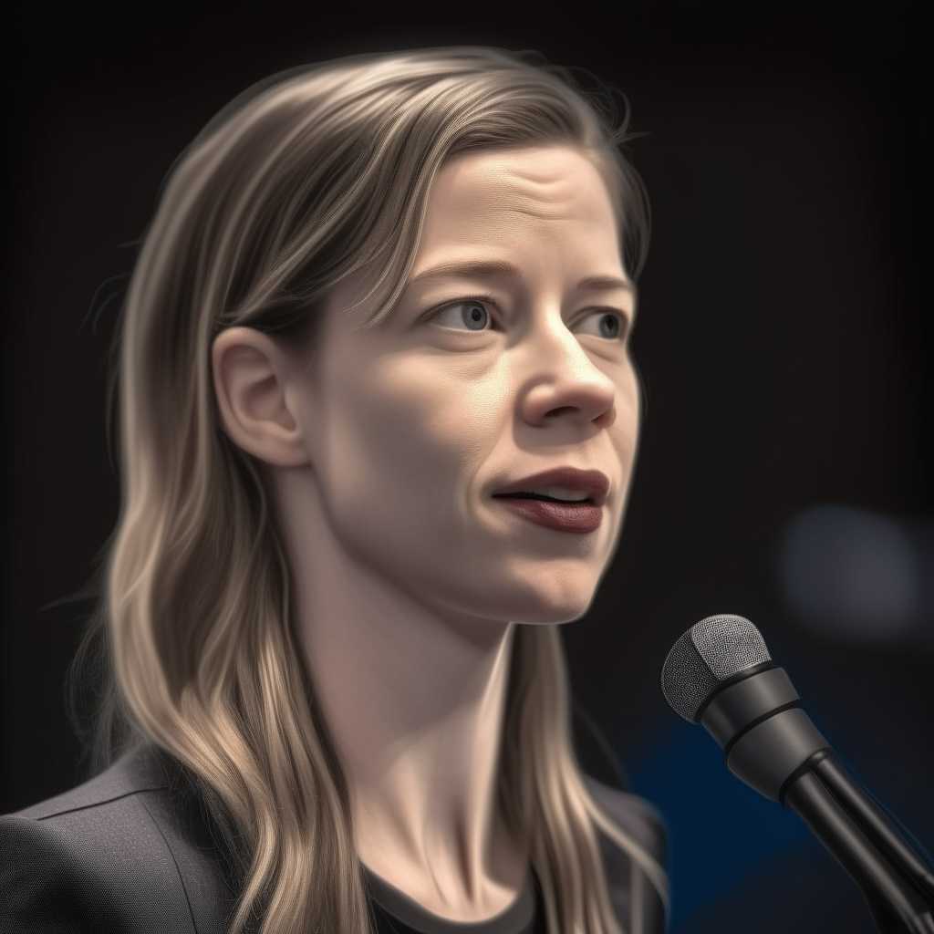 A close-up portrait of the woman from your photo, with her face and hair composited onto the body and background from image 5. She is speaking into a microphone at a lectern, giving a presentation.