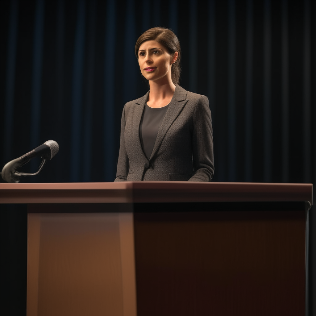 Another view of the woman from your photo, with her face and hair composited onto the body and background from image 9. She is standing at a podium addressing an audience while wearing a suit.